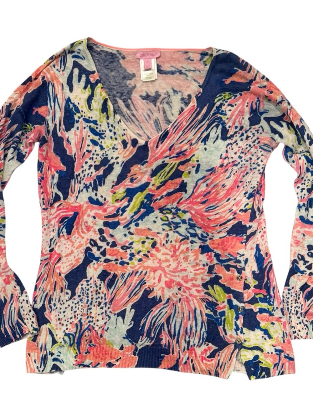 Lilly Pulitzer Liesel Sweater 100% Linen V-Neck Size Medium Tropical Floral